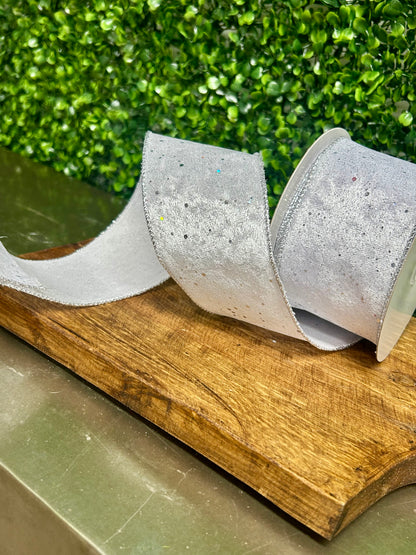 2.5 Inch By 10 Yard White And Silver Speckled Velvet Ribbon