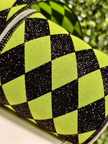4 Inch By 10 Yard Lime Green And Black Harlequin Check Ribbon