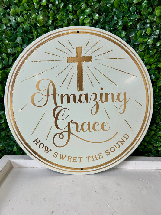 24 Inch Light Cream And Gold Amazing Grace Glitter Metal Sign