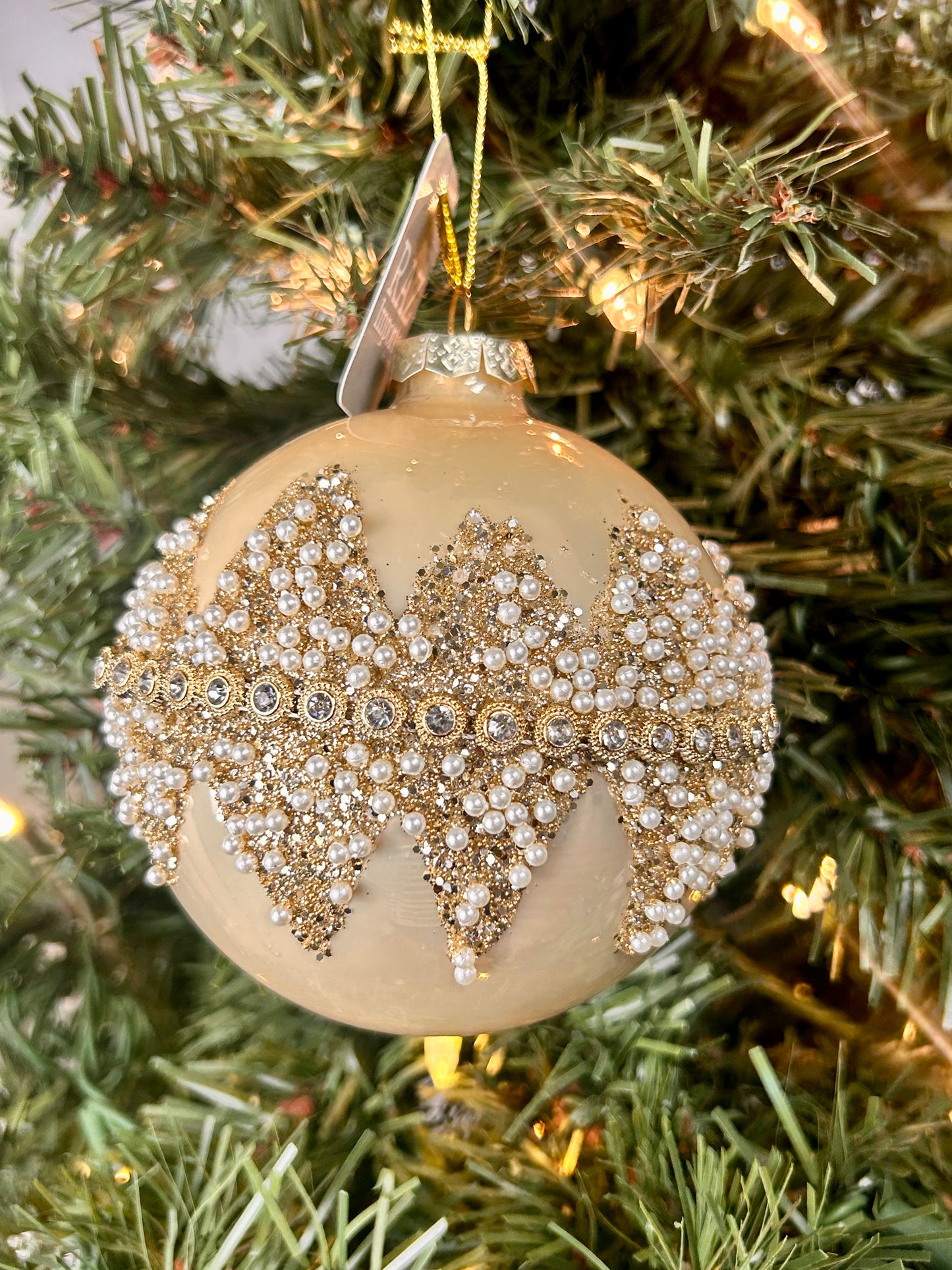 4 Inch Champagne And Cream Beaded Glass Ornament Three Assorted
