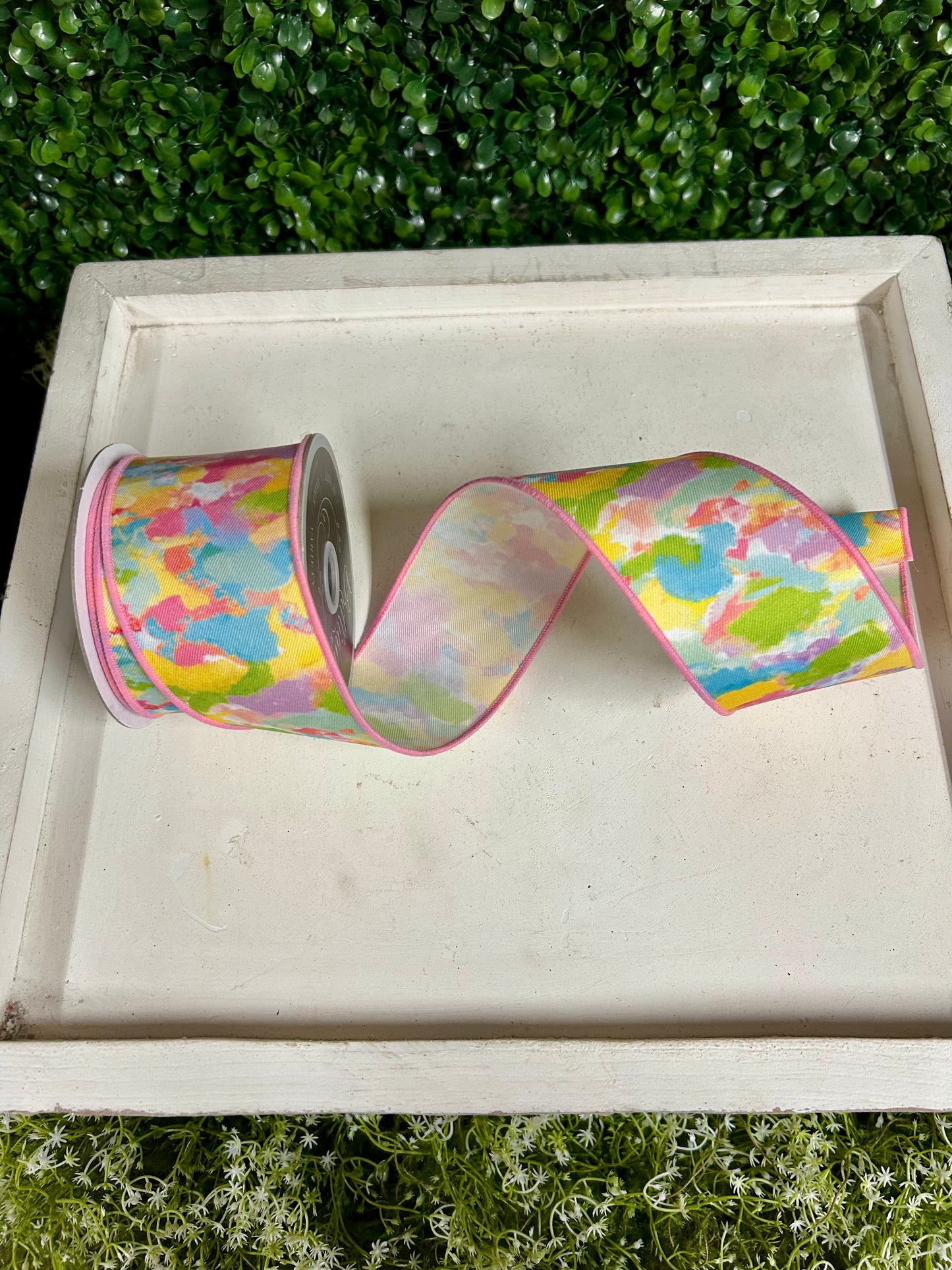 2.5 Inch By 10 Yard Ivory Yellow Pink And Blue Abstract Paint Ribbon