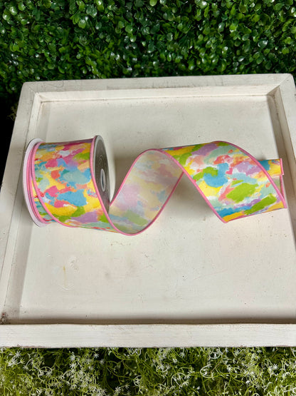 2.5 Inch By 10 Yard Ivory Yellow Pink And Blue Abstract Paint Ribbon
