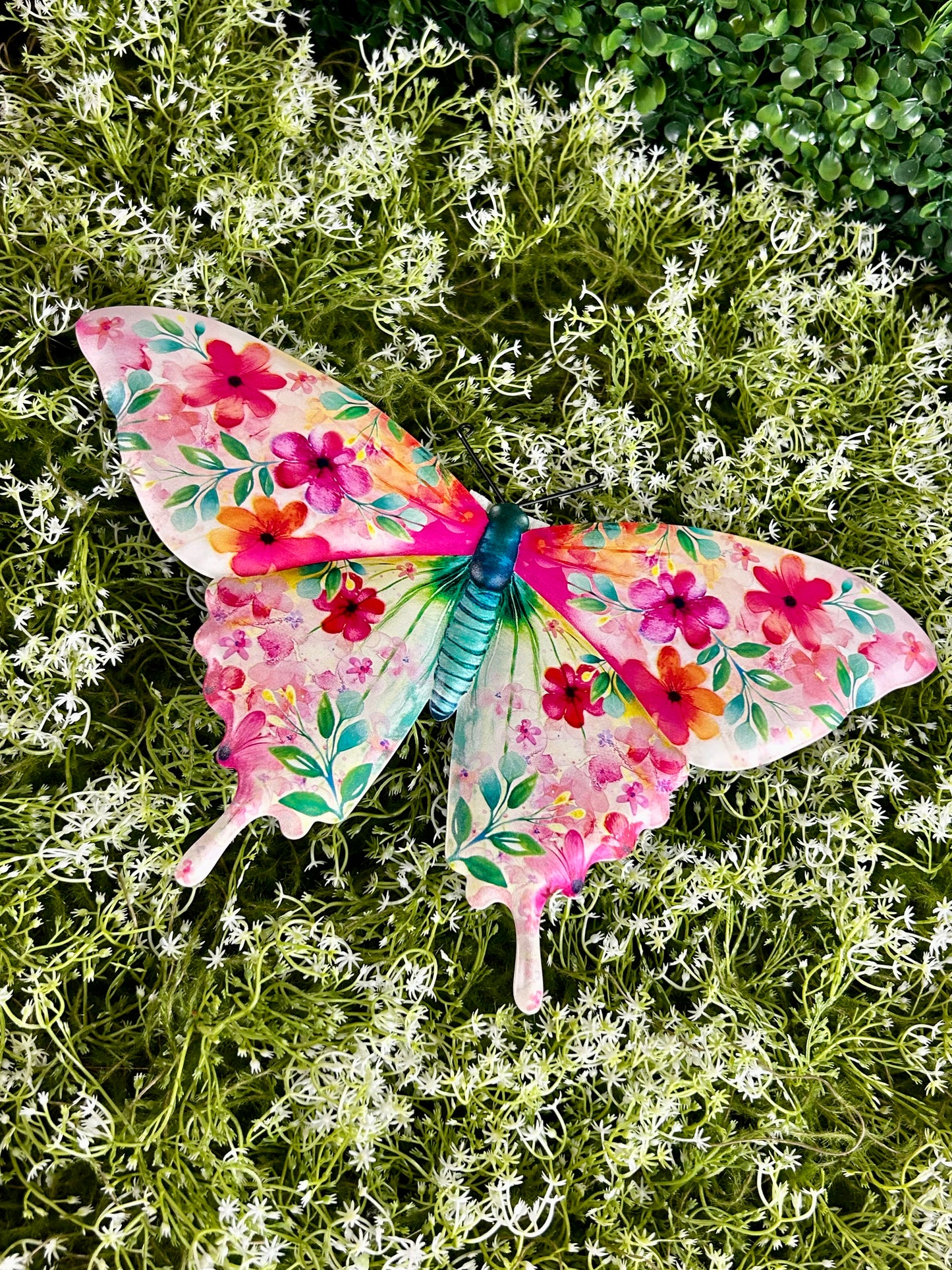 13.5 Inch Pink And Blue Green Botanical Butterfly Sign