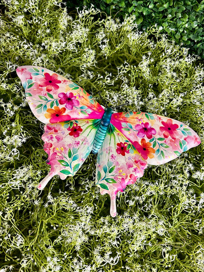 13.5 Inch Pink And Blue Green Botanical Butterfly Sign