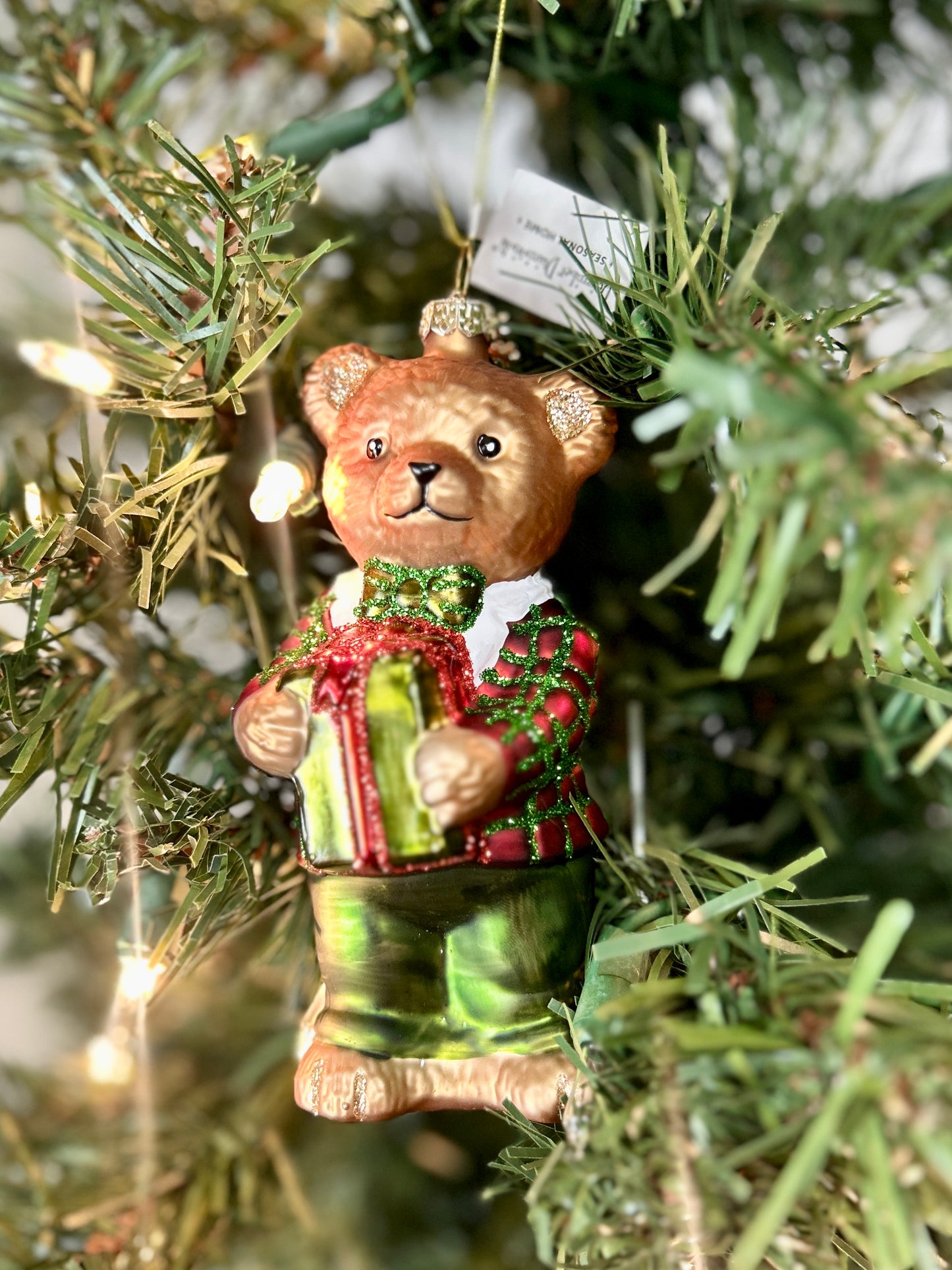 5 Inch Bear Kid With Presents Glass Ornament