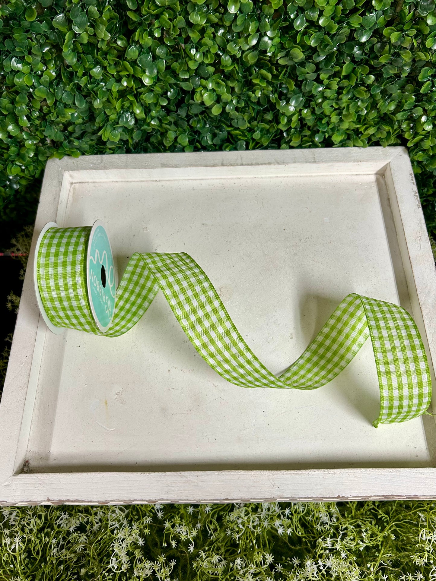 1.5 Inch By 10 Yard Apple Green And White Gingham Check Ribbon