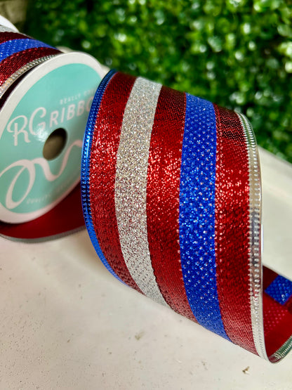 2.5 Inch By 10 Yard Red Blue And Silver Glitter Stripes Ribbon