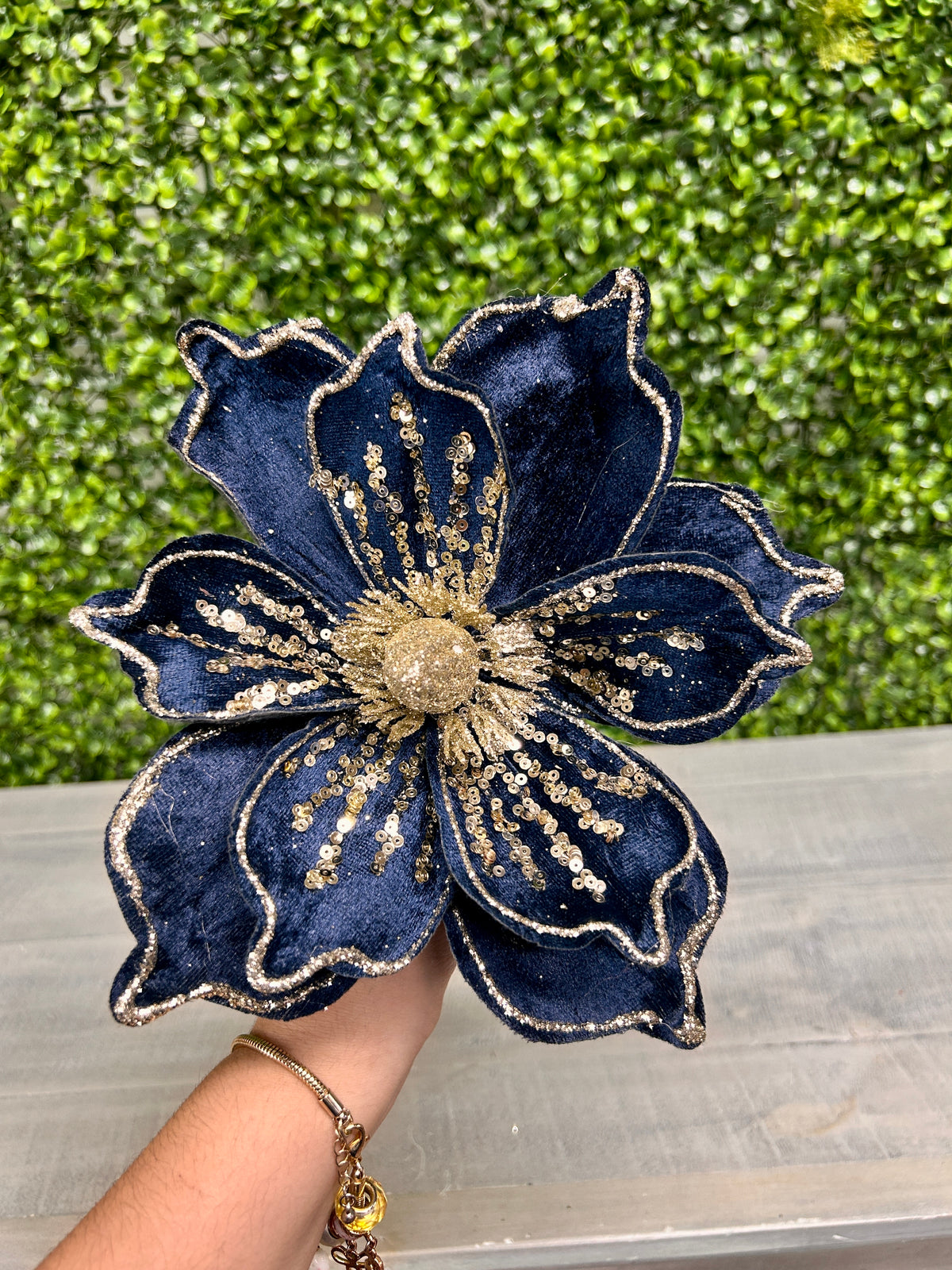 9 Inch Navy Blue With Champagne Sequins Velvet Magnolia Stem