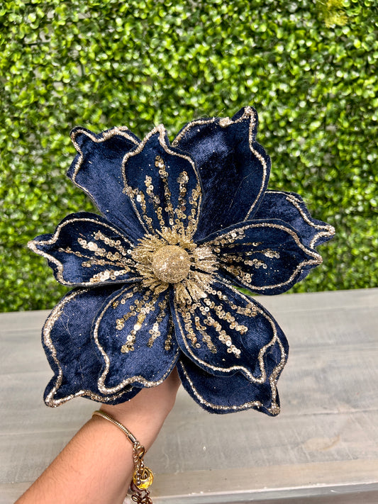 9 Inch Navy Blue With Champagne Sequins Velvet Magnolia Stem