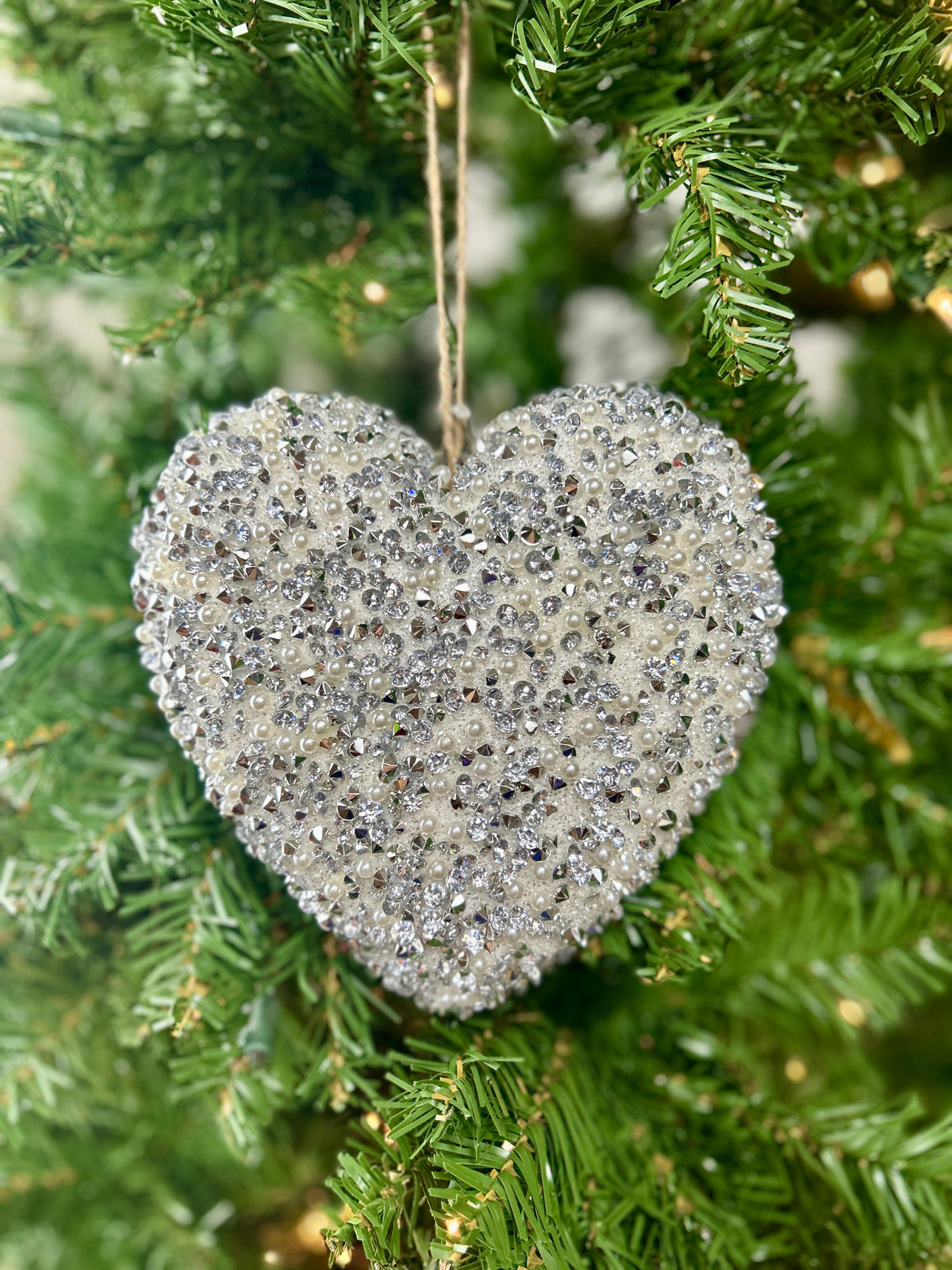 6 Inch Silver And White Beaded Heart Ornament