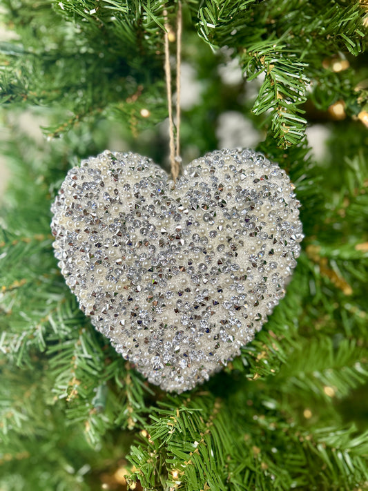 6 Inch Silver And White Beaded Heart Ornament