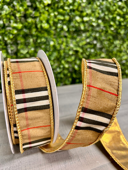 1.5 Inch By 10 Yard  Check With Gold Lame Ribbon