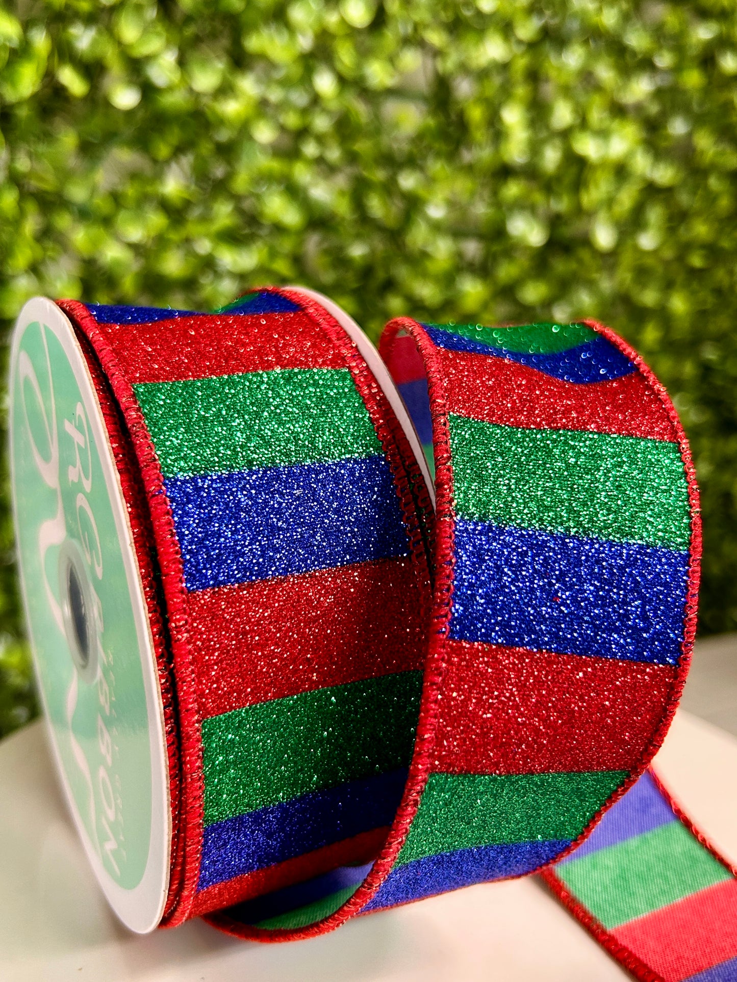 1.5 Inch By 10 Yard Red Emerald And Royal Blue Horizontal Glitter Stripes Ribbon