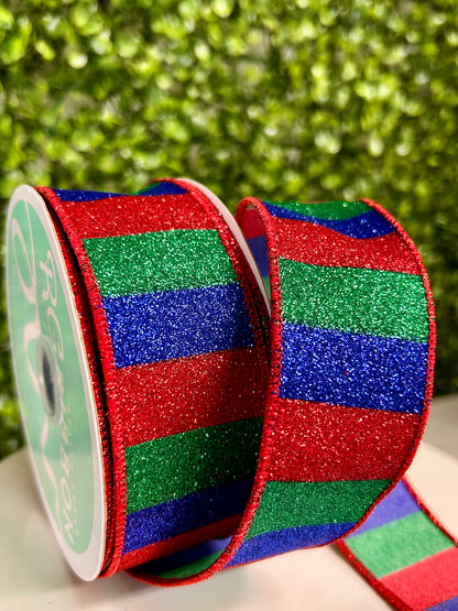 1.5 Inch By 10 Yard Red Emerald And Royal Blue Horizontal Glitter Stripes Ribbon