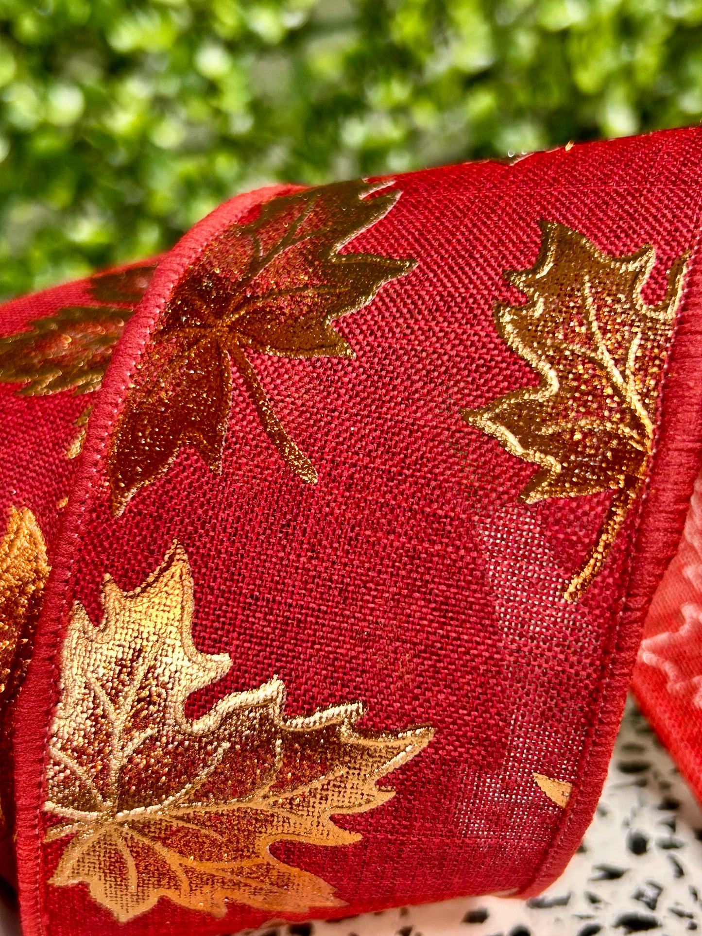 2.5 Inch By 10 Yard Burgundy Foil Maple Leaf On Royal Ribbon