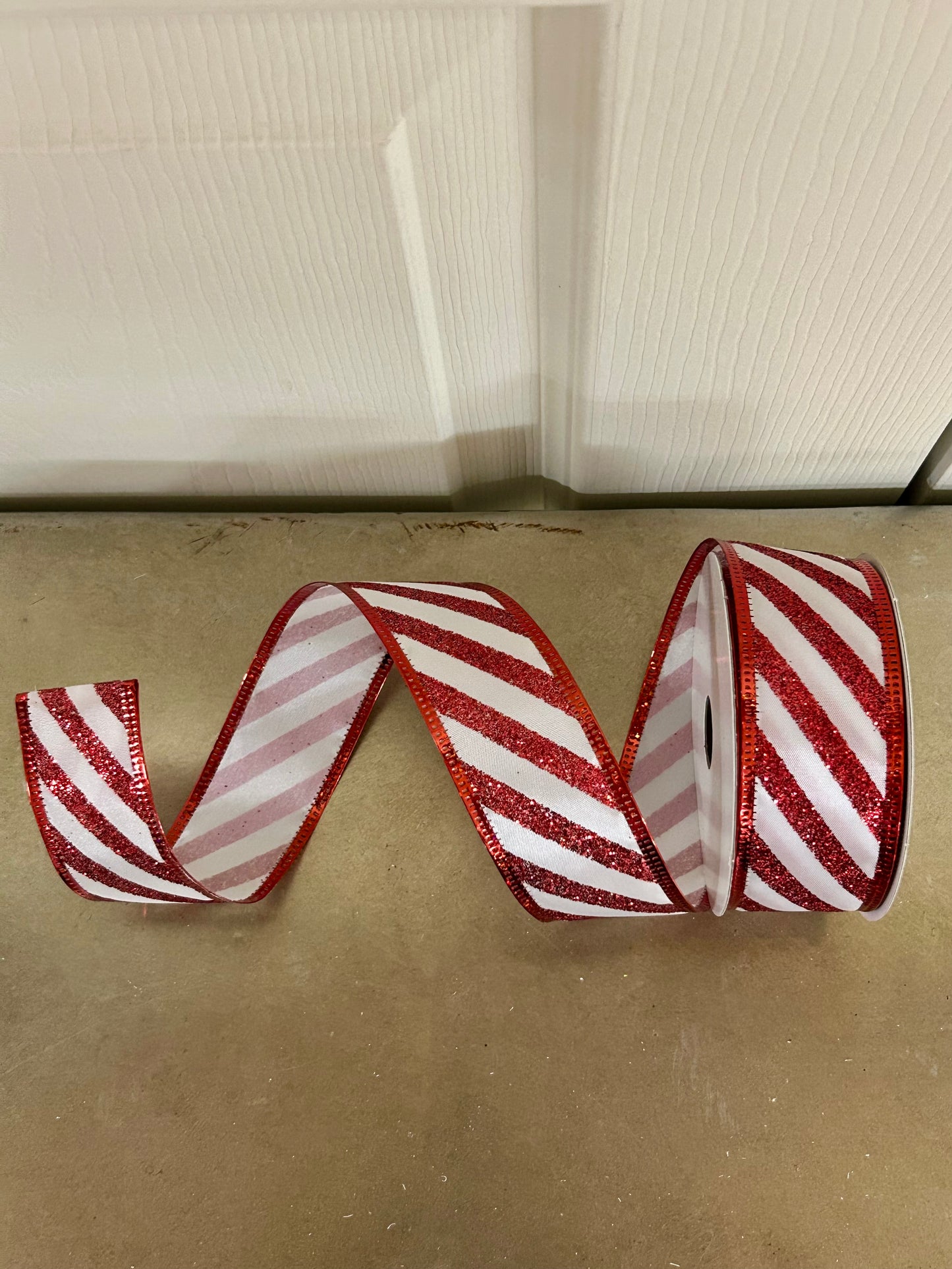 1.5 Inch By 10 Yard Red And White Glitter Candy Cane Stripe Ribbon