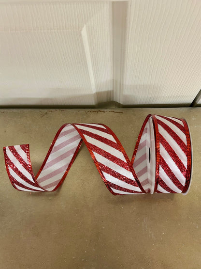 1.5 Inch By 10 Yard Red And White Glitter Candy Cane Stripe Ribbon