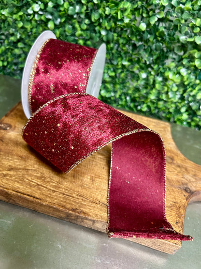 2.5 Inch By 10 Yard Burgundy And Gold Speckled Velvet Ribbon