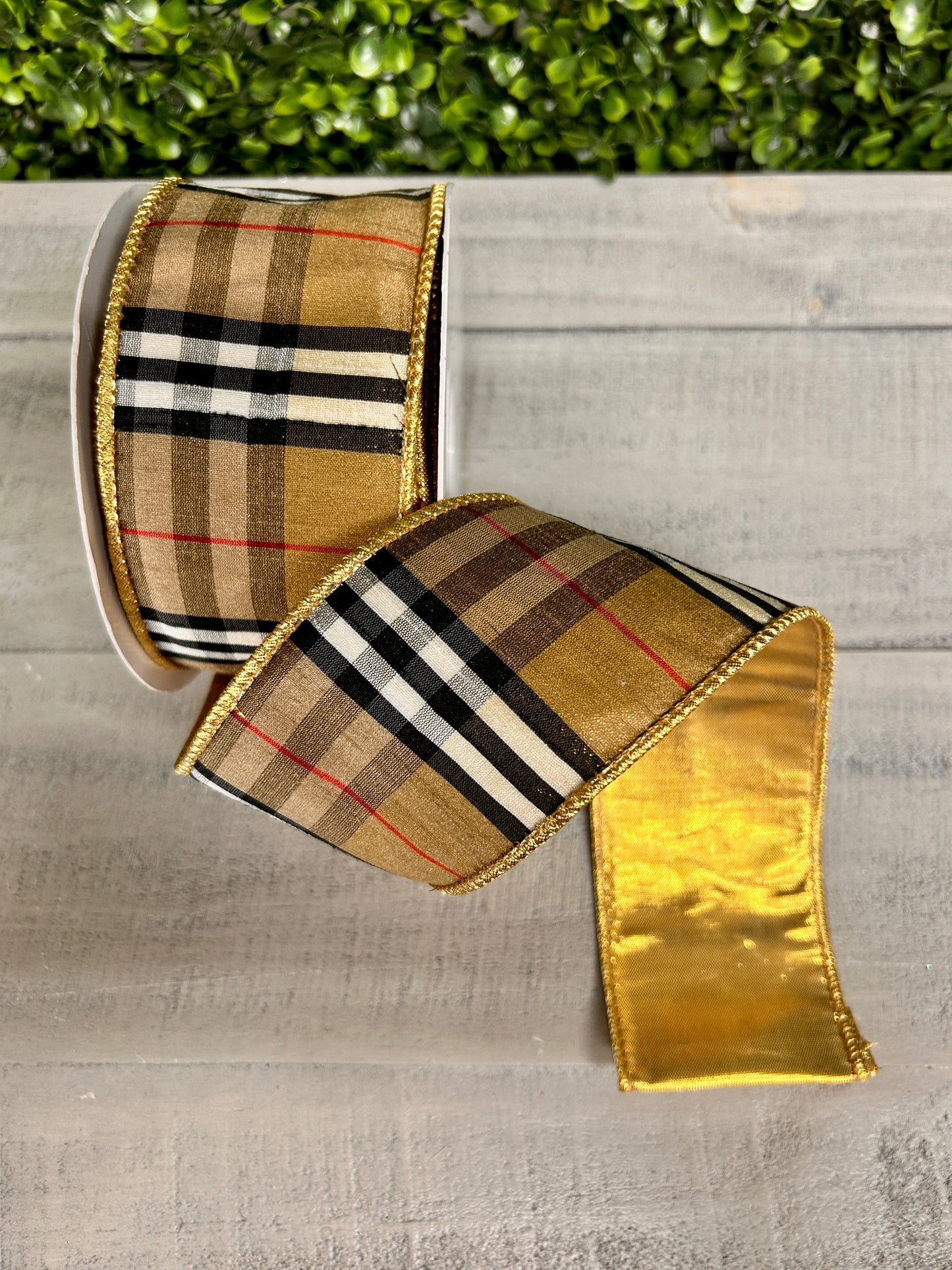 2.5 Inch By 10 Yard Black And Tan Plaid With Gold Back Ribbon