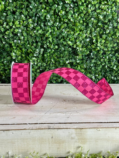 1.5 Inch By 10 Yard Hot Pink Glitter Check Ribbon