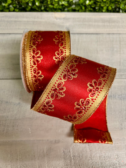 2.5 Inch By 10 Yard Red And Gold Lux Scallop Trim Ribbon
