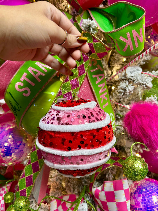 4.25 Inch Red Pink And White Velvet Sequin Striped Ball Ornament