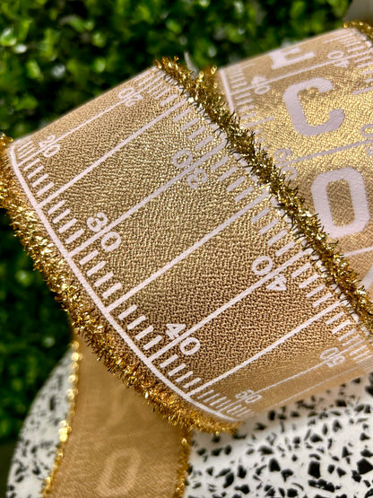 2.5 Inch By 10 Yard Gold And White Football Homecoming With Tinsel Edge Ribbon