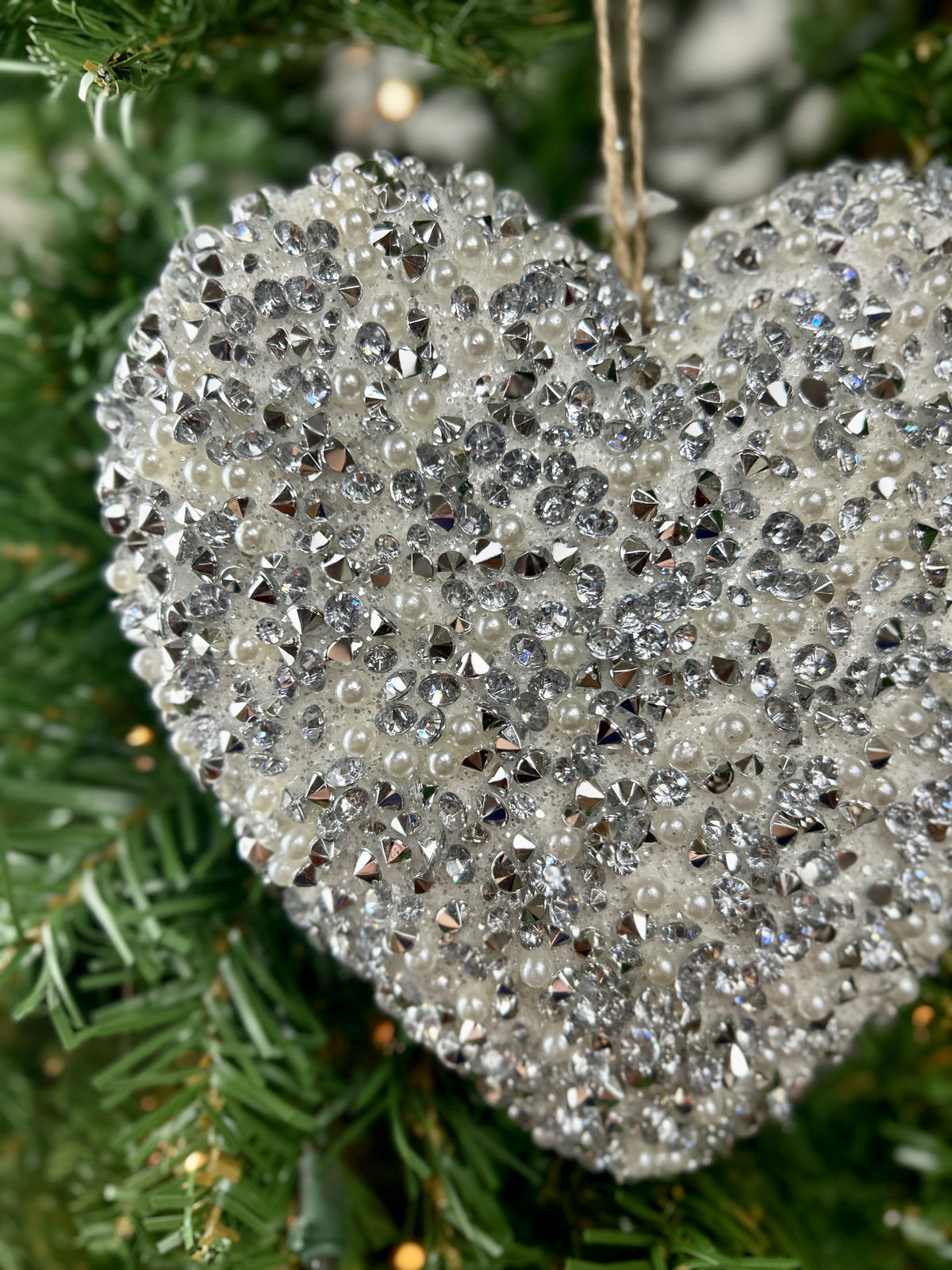 6 Inch Silver And White Beaded Heart Ornament