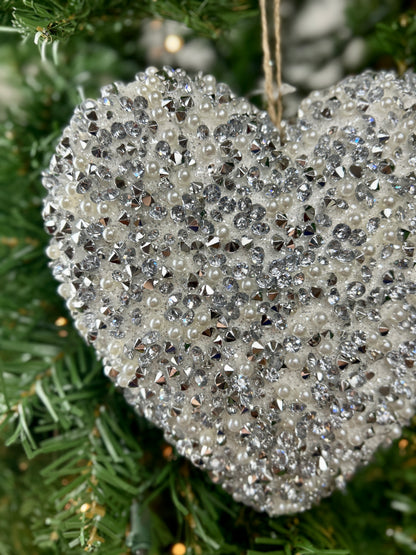 6 Inch Silver And White Beaded Heart Ornament
