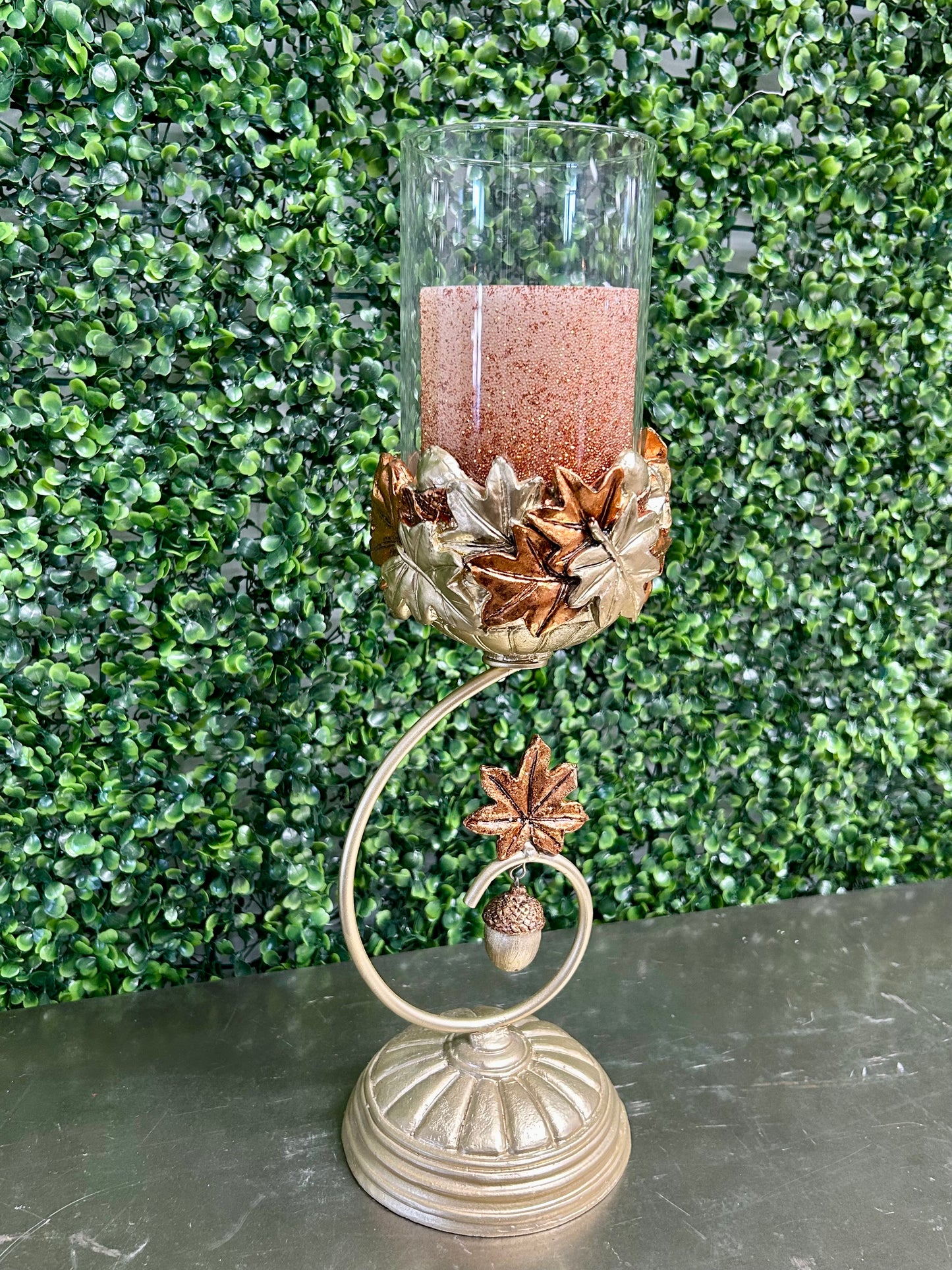 Hay And Harvest Champagne Metal Scroll Candle Holder With Flameless Candle