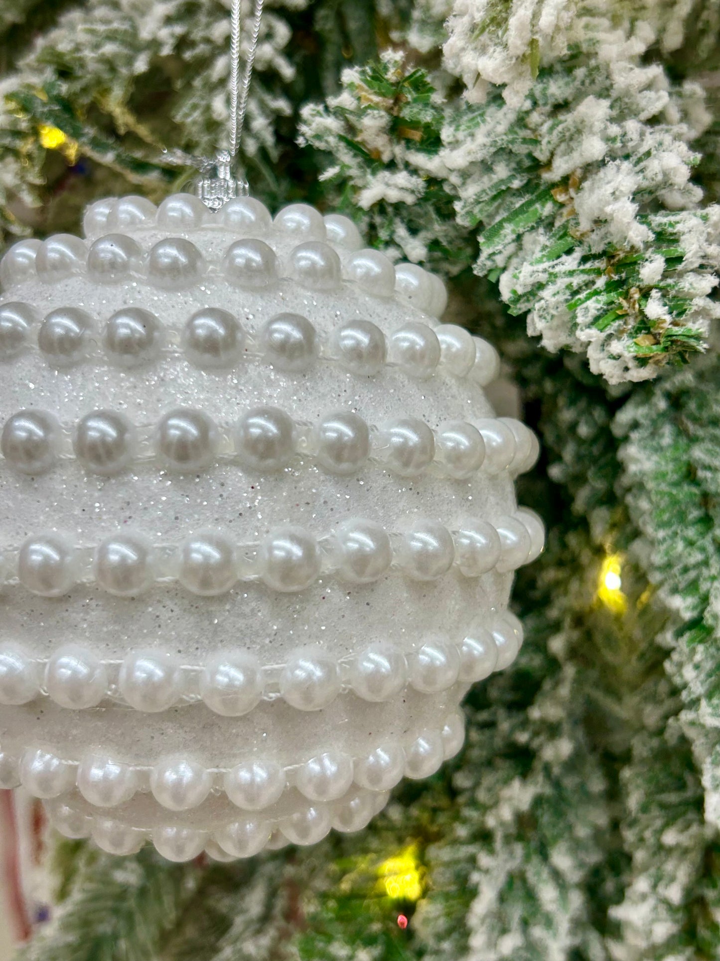 4 Inch White Glitter And Pearl Horizontal Stripe Ball Ornament