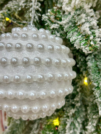 4 Inch White Glitter And Pearl Horizontal Stripe Ball Ornament