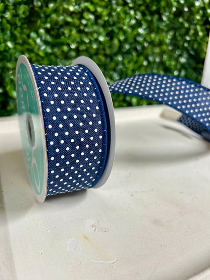 1.5 Inch By 10 Yard Navy Blue And White Raised Swiss Dots On Royal Ribbon