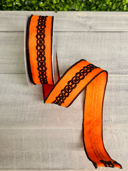1.5 Inch By 10 Yard Orange And Black Lace On Faux Royal Ribbon
