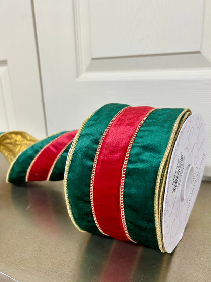 4 Inch By 10 Yard Green Velvet With Red Velvet Center With Gold Edge Ribbon
