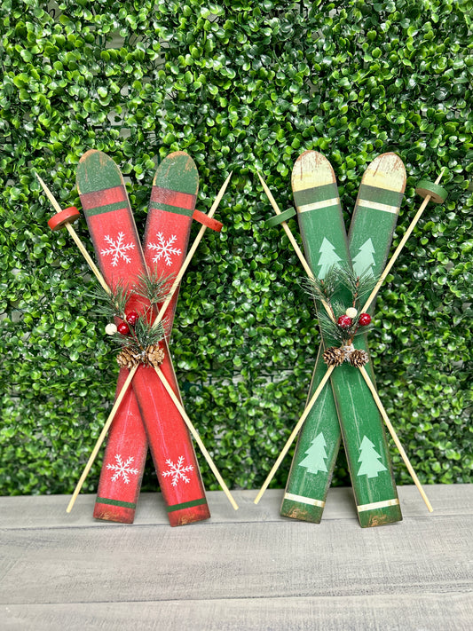 17.72 Inch Wood Holiday Skis Wall Decor With Glitter Two Styles