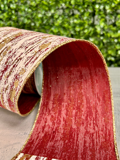 4 Inch By 10 Yard Cranberry Cream And Gold Glitter Metallic Streaks Ribbon