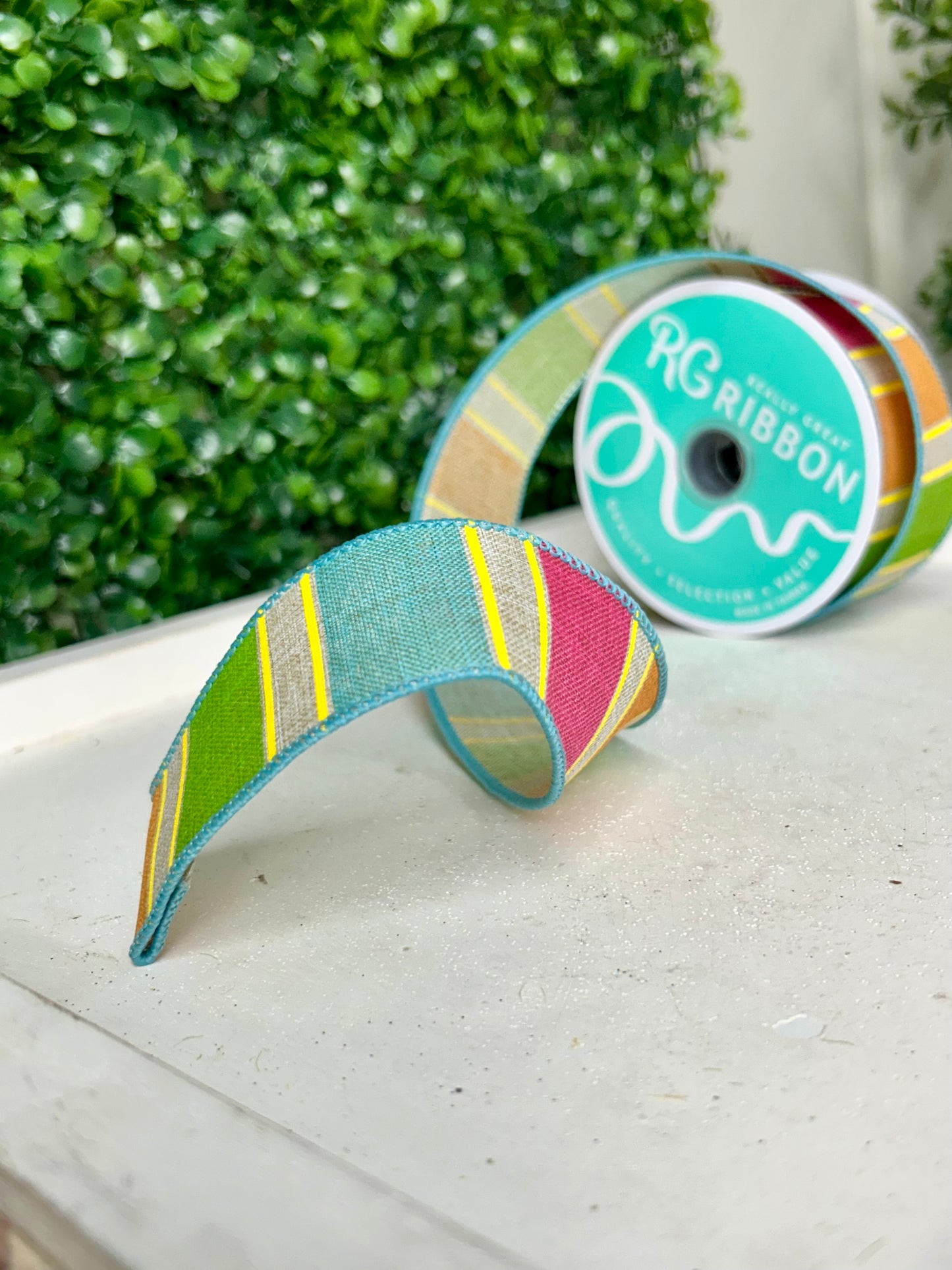 1.5 Inch By 10 Yard Pink Orange Green And Yellow Bold Stripes On Royal Ribbon