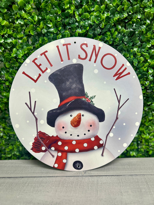12 Inch Red And White Let It Snow With Snowman Metal Sign