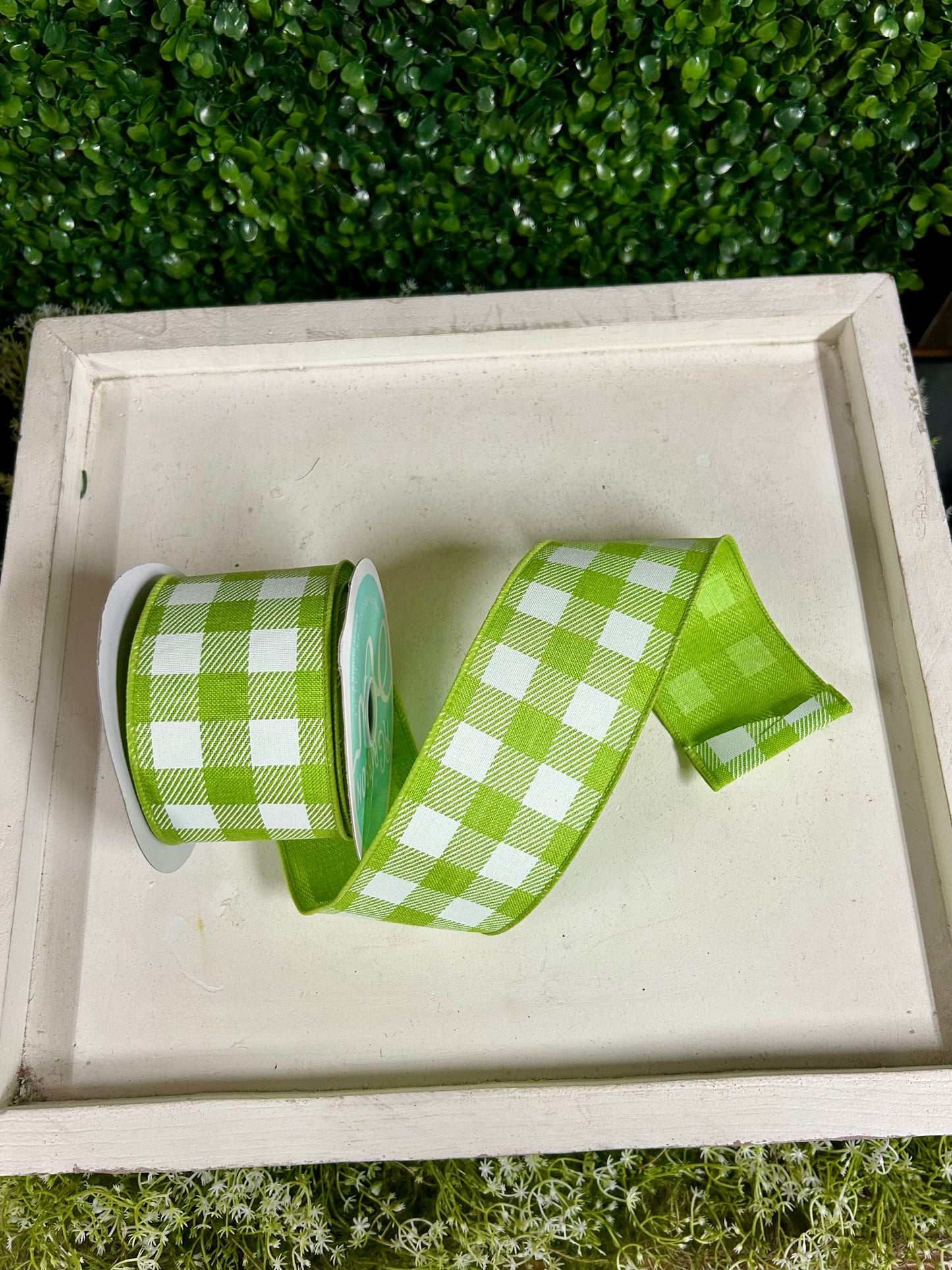 2.5 Inch By 10 Yard Lime Green And White Check On Royal Ribbon