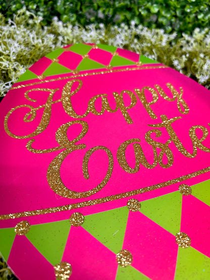 12 Inch Harlequin Easter Egg Glitter Wood Sign