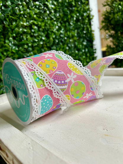 2.5 Inch By 10 Yard Easter Eggs With Lace Edge Ribbon