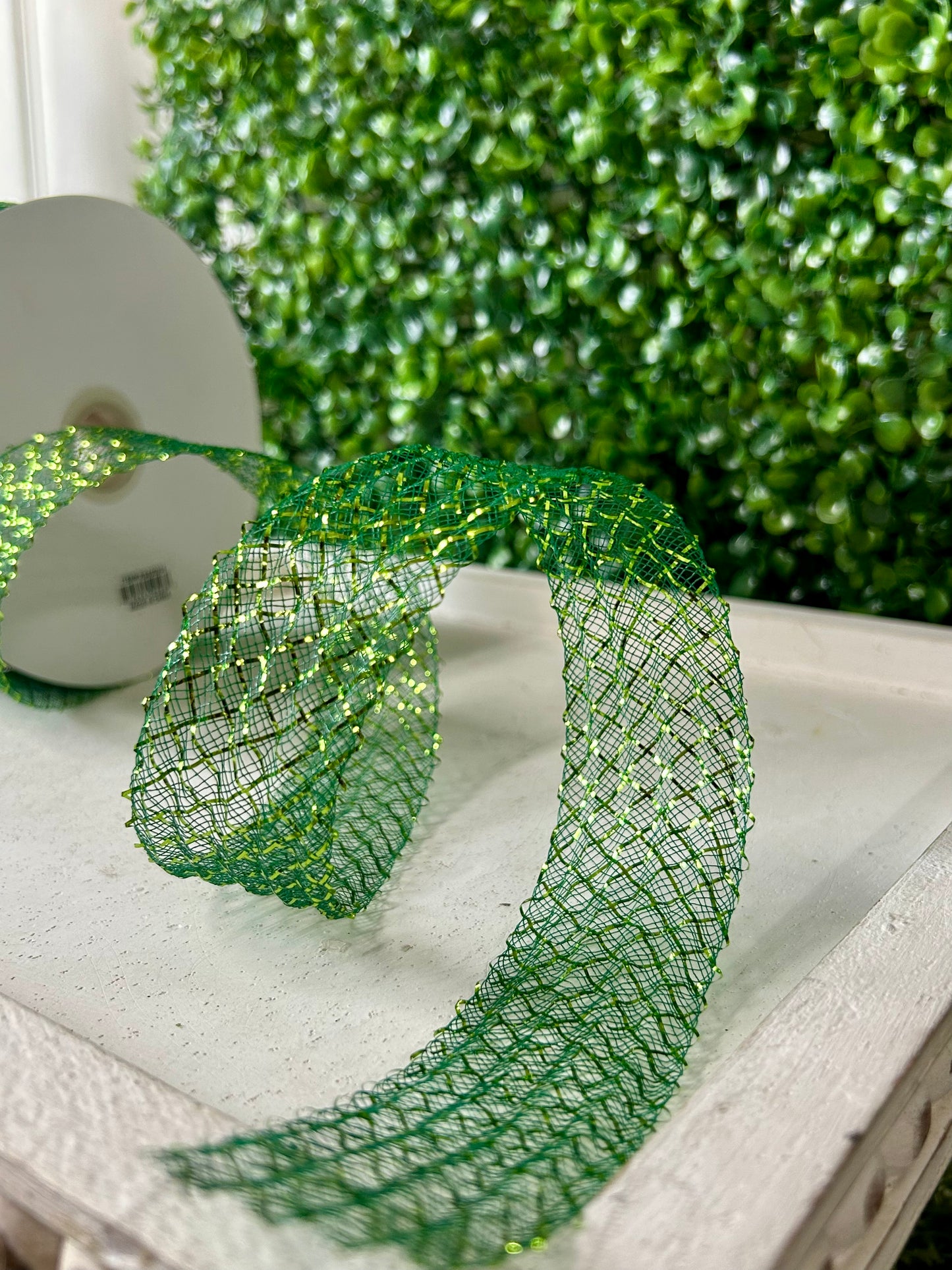 1.5 Inch By 30 Yard Dark Green With Lime Green Foil Deco Flex Ribbon