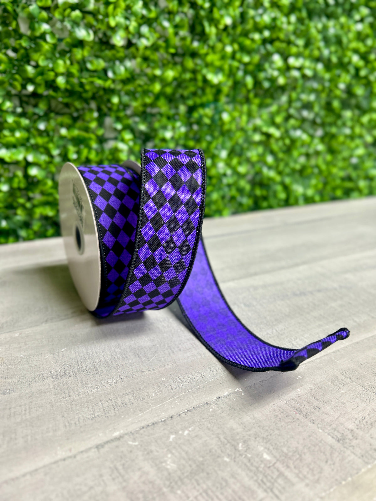 1.5 Inch By 10 Yard Purple And Black Small Harlequin On Royal Ribbon