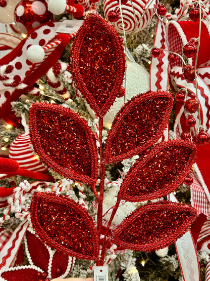 28 Inch Red Glitter And Lace Leaf Spray