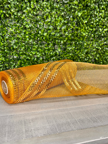 10 Inch By 10 Yard Brown And Gold Border Stripe Metallic Mesh