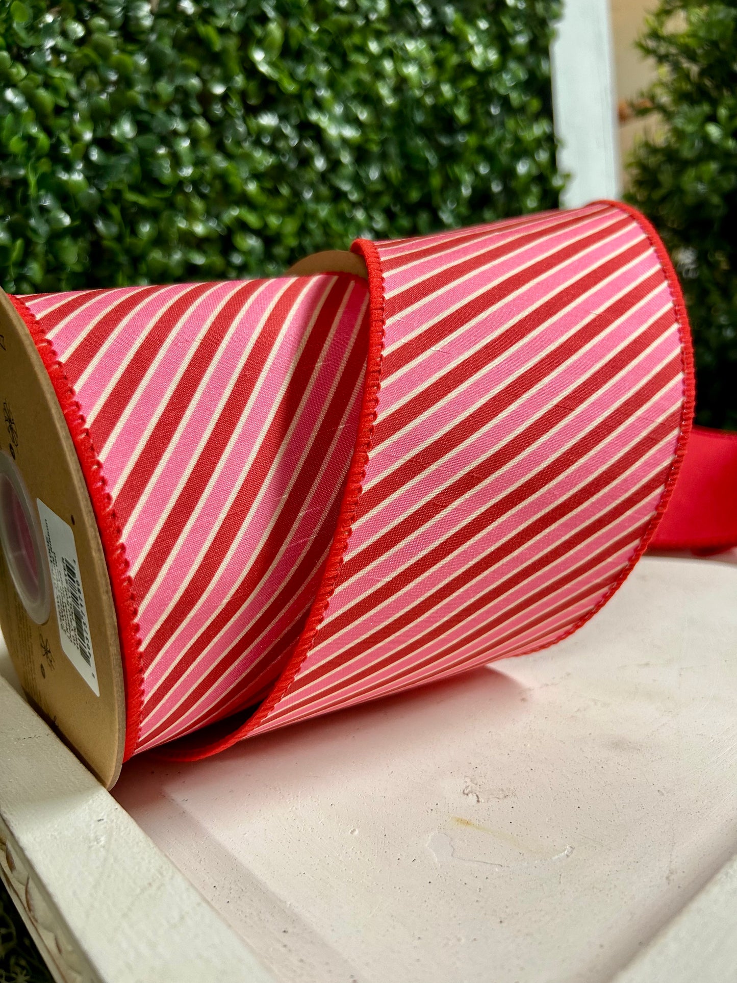 4 Inch By 10 Yard Red White And Pink Diagonal Stripe Dupioni Ribbon