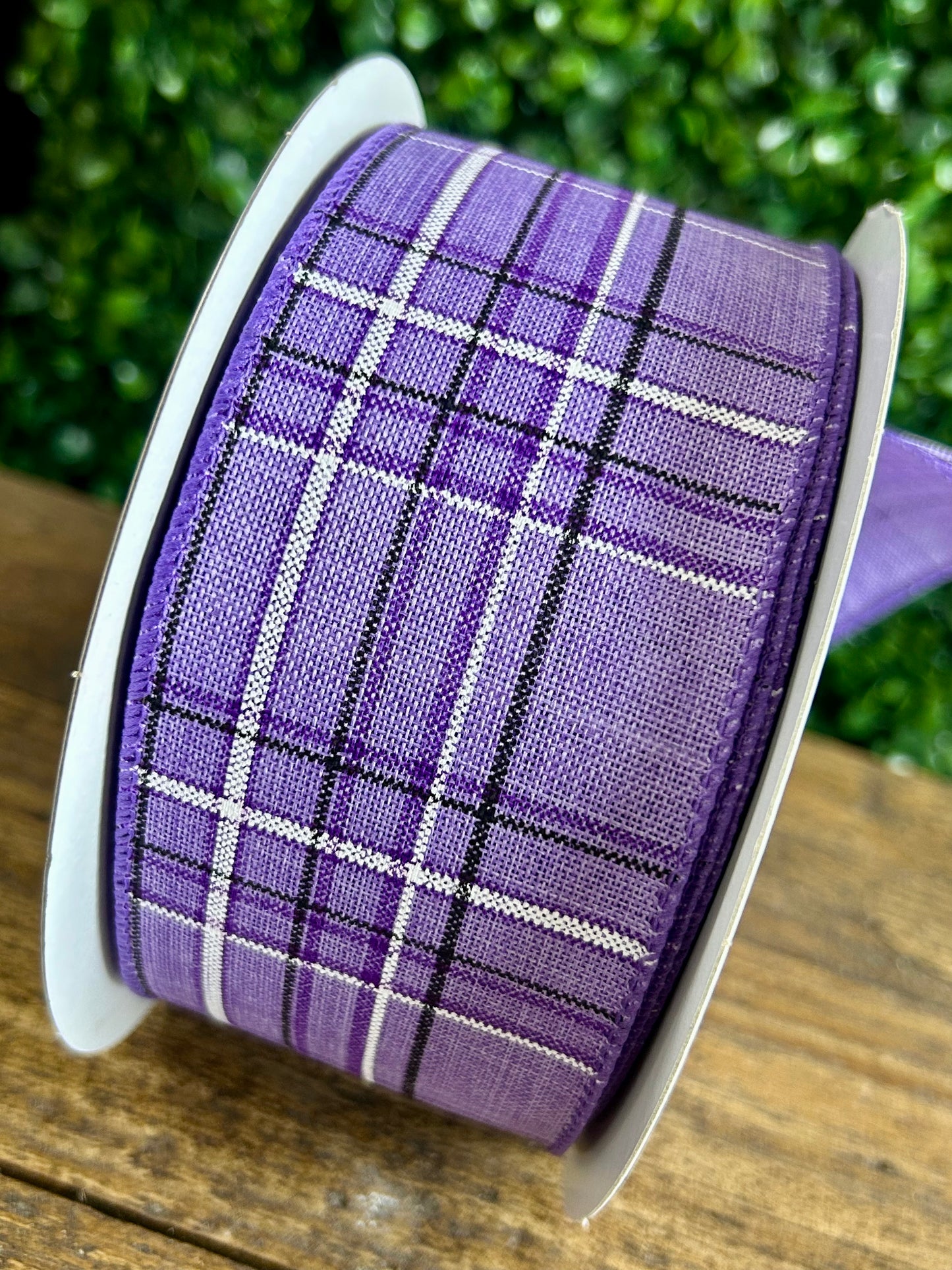 2.5 Inch By 20 Yard Purple Pinstripe Plaid Linen Ribbon