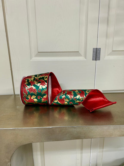 4 Inch By 10 Yard Gold Glitter Print Leaf Pattern On Dark Green Velvet Ribbon