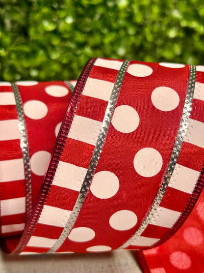 2.5 Inch By 10 Yard Red And White Polka Dot And Stripes Ribbon